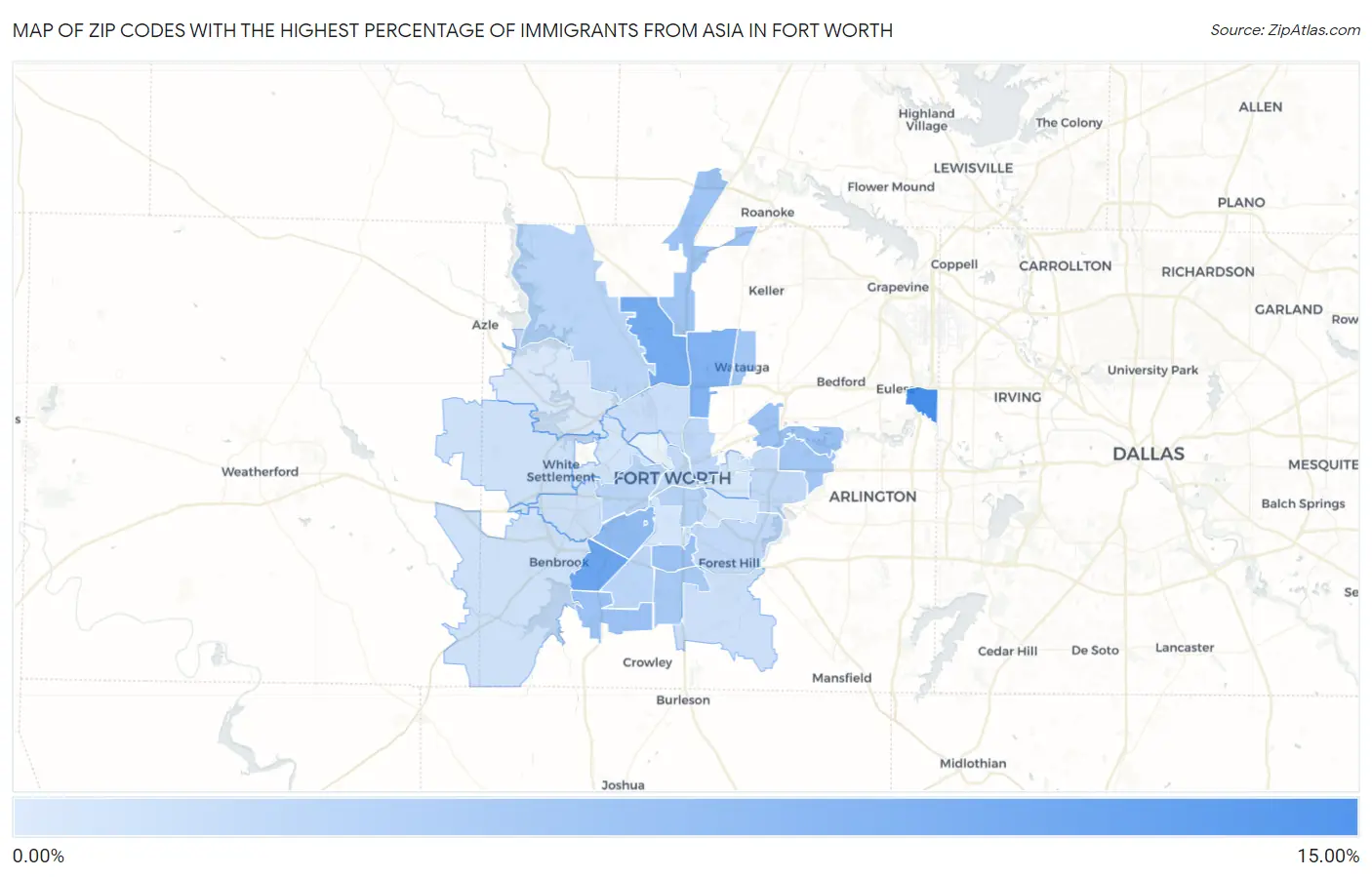 Zip Codes with the Highest Percentage of Immigrants from Asia in Fort Worth Map