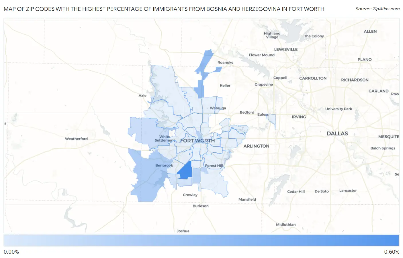 Zip Codes with the Highest Percentage of Immigrants from Bosnia and Herzegovina in Fort Worth Map