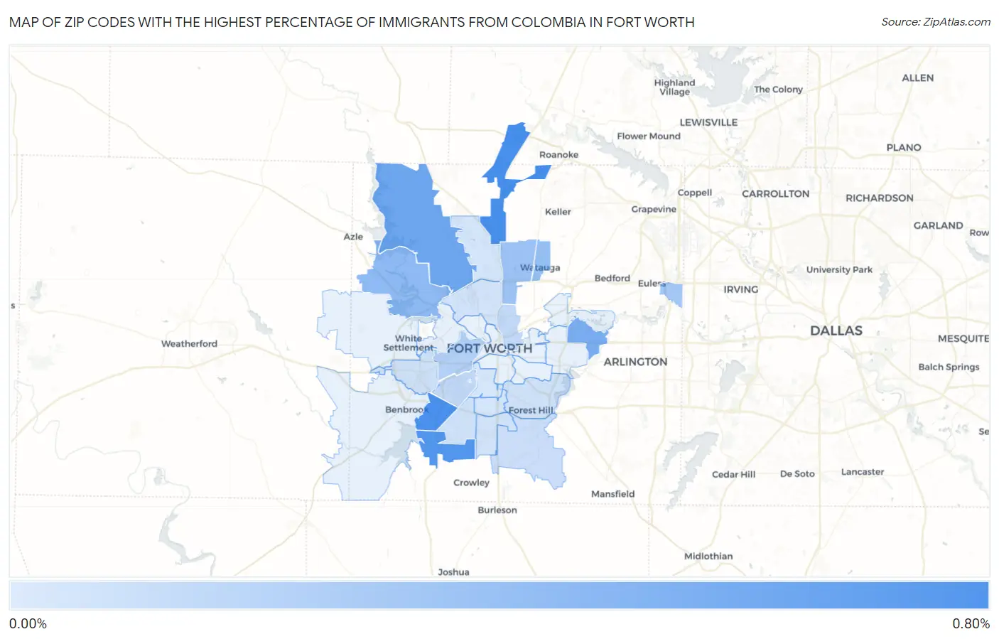 Zip Codes with the Highest Percentage of Immigrants from Colombia in Fort Worth Map