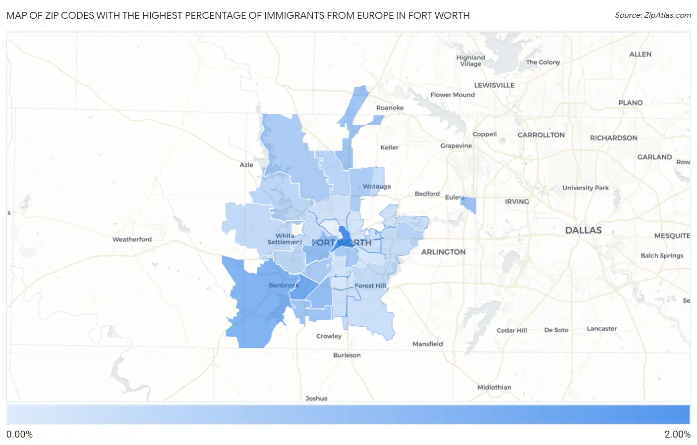 Zip Codes with the Highest Percentage of Immigrants from Europe in Fort Worth Map