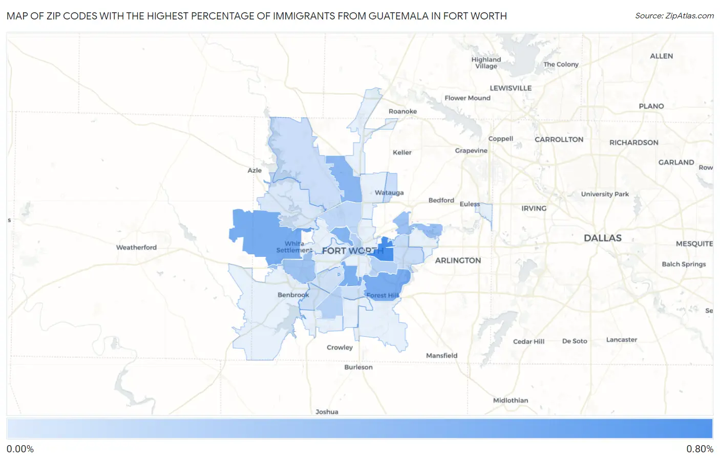 Zip Codes with the Highest Percentage of Immigrants from Guatemala in Fort Worth Map
