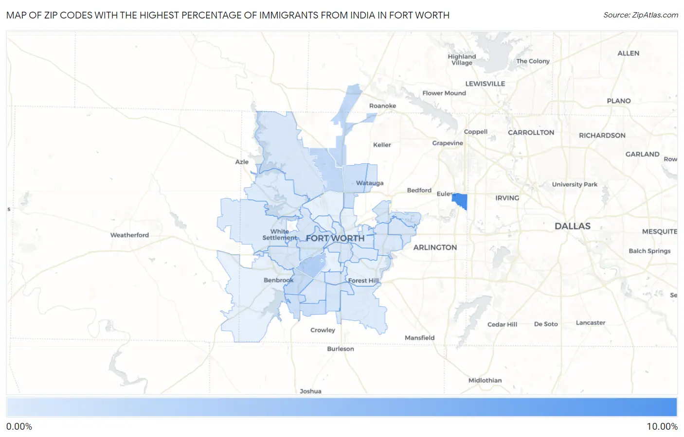Zip Codes with the Highest Percentage of Immigrants from India in Fort Worth Map