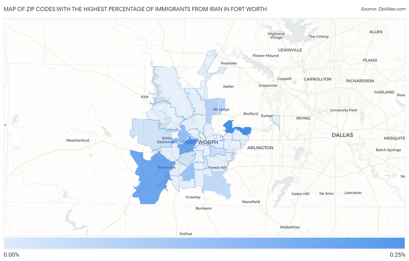Zip Codes with the Highest Percentage of Immigrants from Iran in Fort Worth Map
