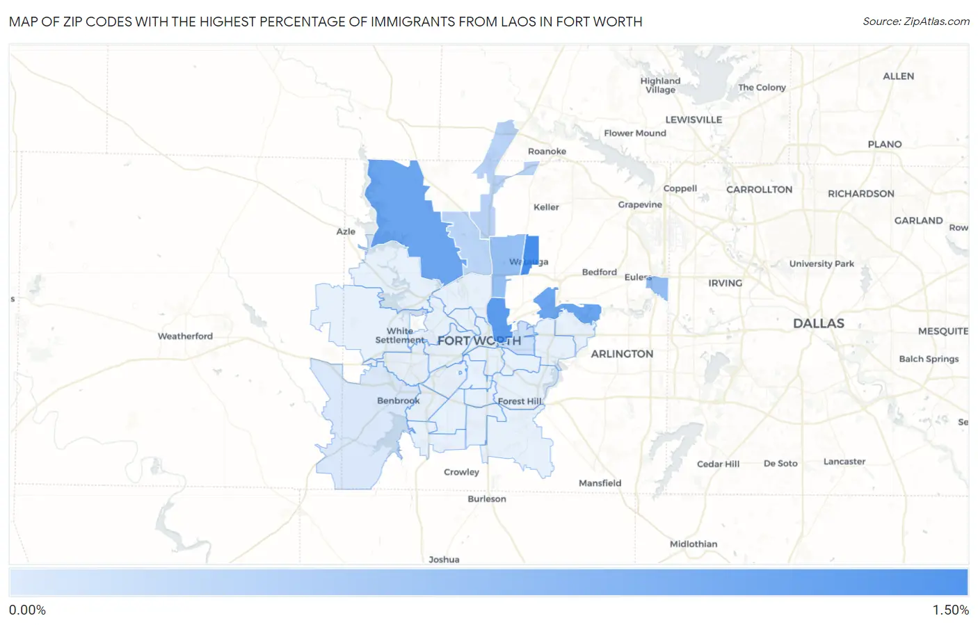Zip Codes with the Highest Percentage of Immigrants from Laos in Fort Worth Map