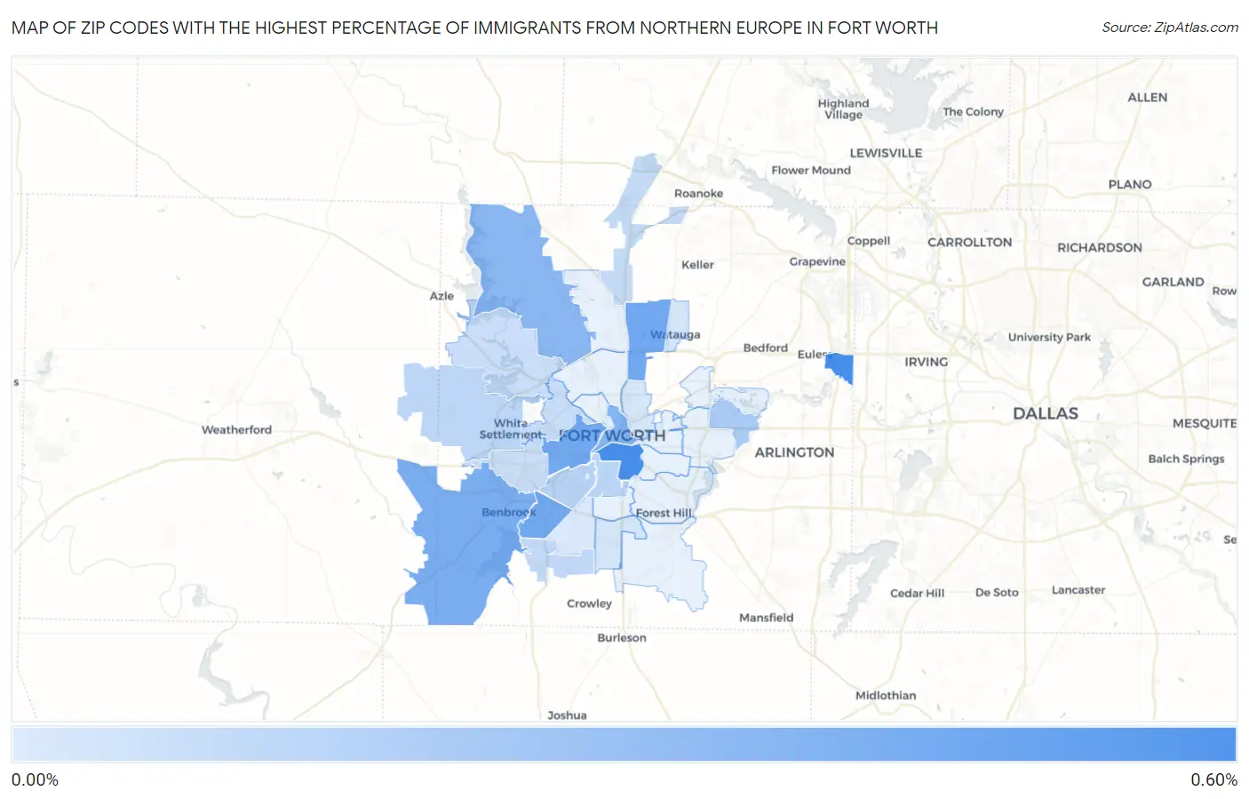 Zip Codes with the Highest Percentage of Immigrants from Northern Europe in Fort Worth Map