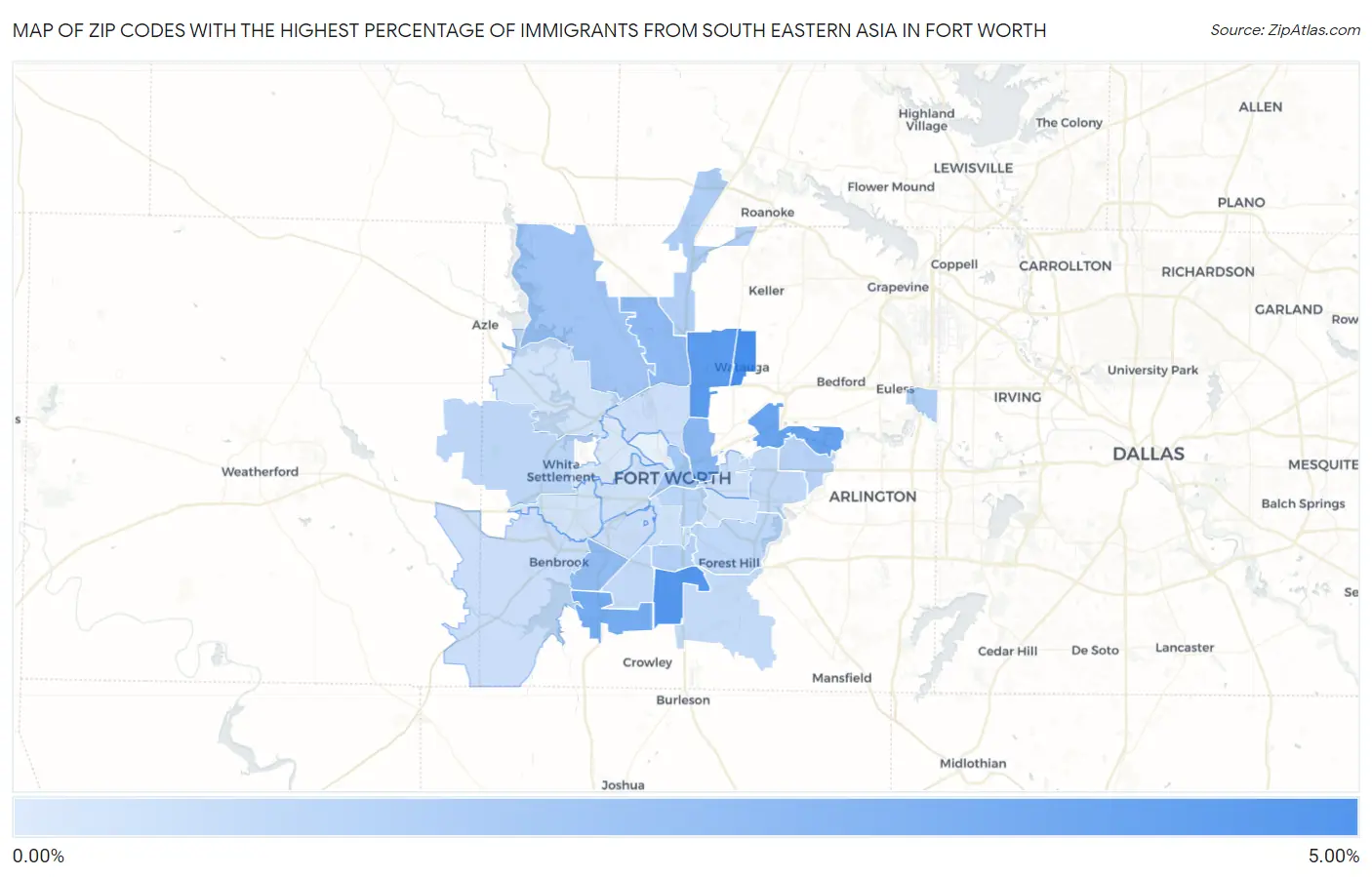 Zip Codes with the Highest Percentage of Immigrants from South Eastern Asia in Fort Worth Map