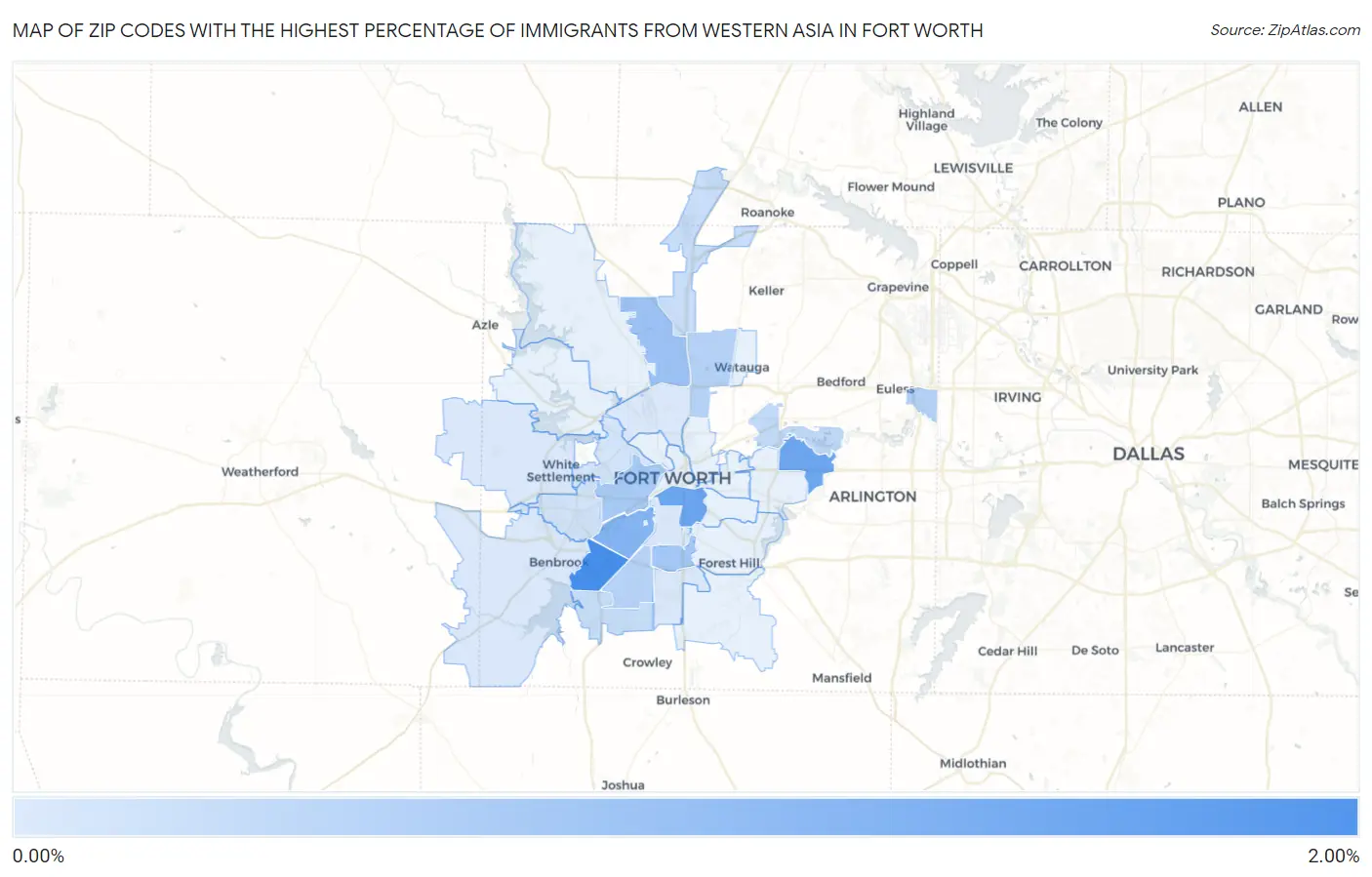 Zip Codes with the Highest Percentage of Immigrants from Western Asia in Fort Worth Map