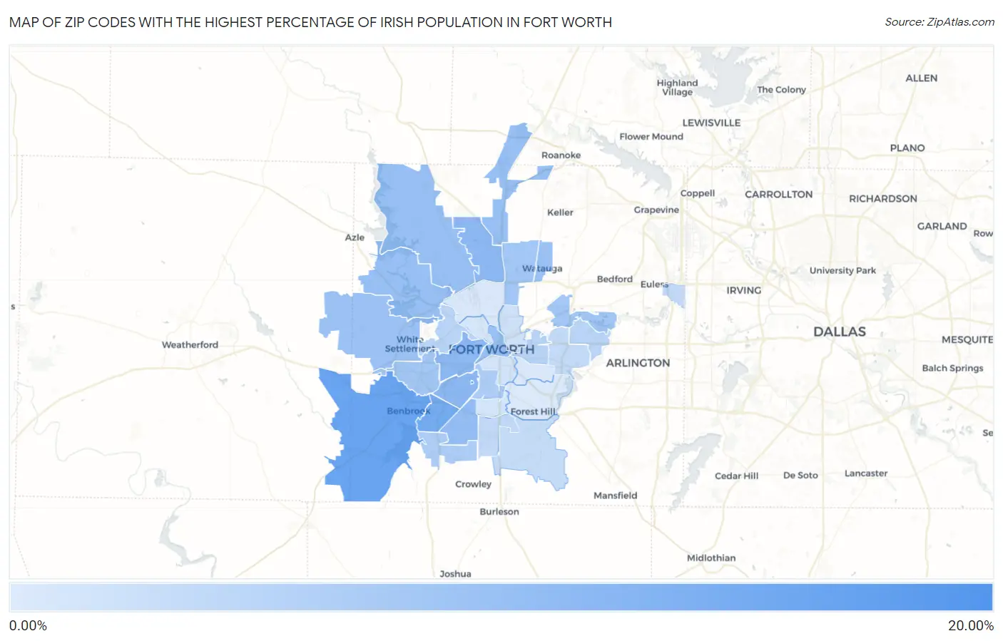 Zip Codes with the Highest Percentage of Irish Population in Fort Worth Map