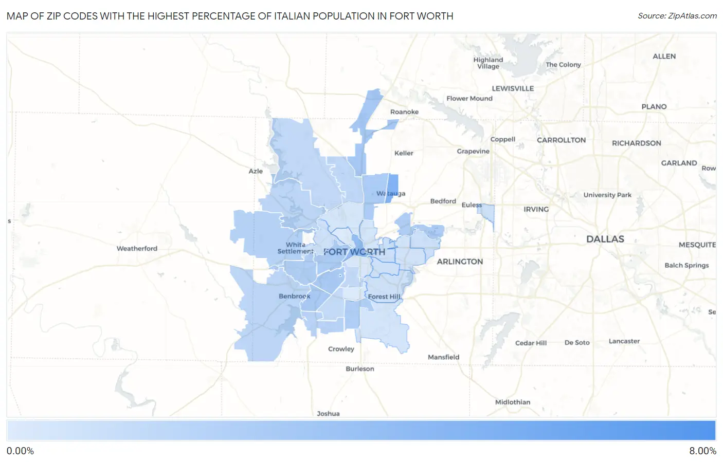 Zip Codes with the Highest Percentage of Italian Population in Fort Worth Map