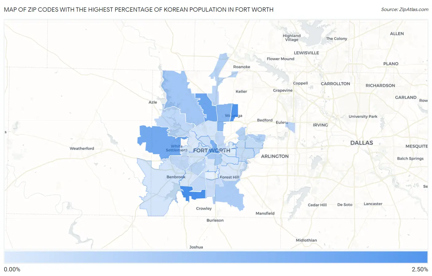 Zip Codes with the Highest Percentage of Korean Population in Fort Worth Map