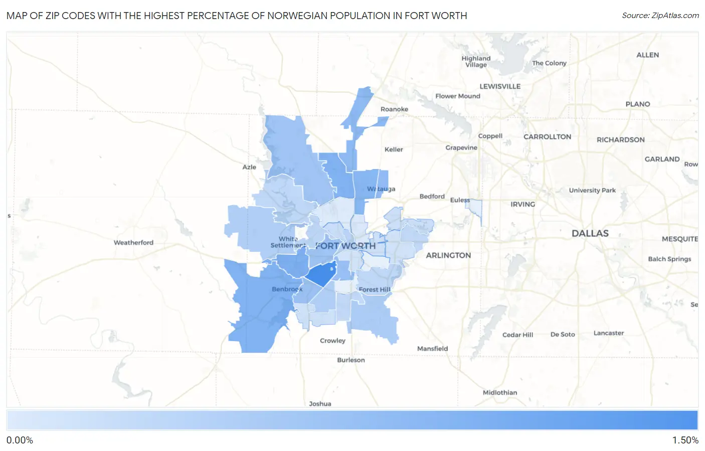 Zip Codes with the Highest Percentage of Norwegian Population in Fort Worth Map