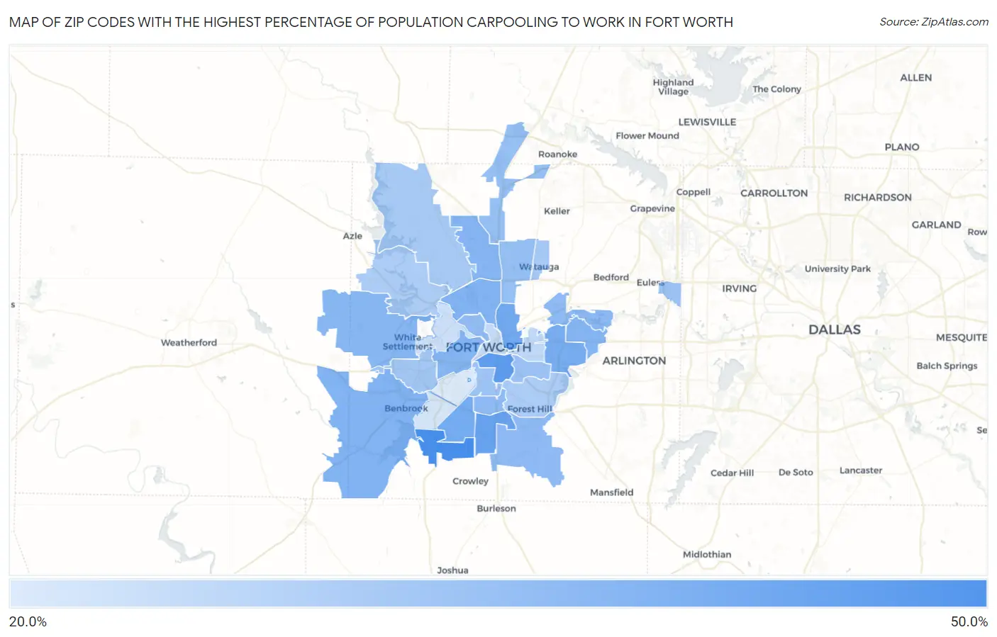Zip Codes with the Highest Percentage of Population Carpooling to Work in Fort Worth Map