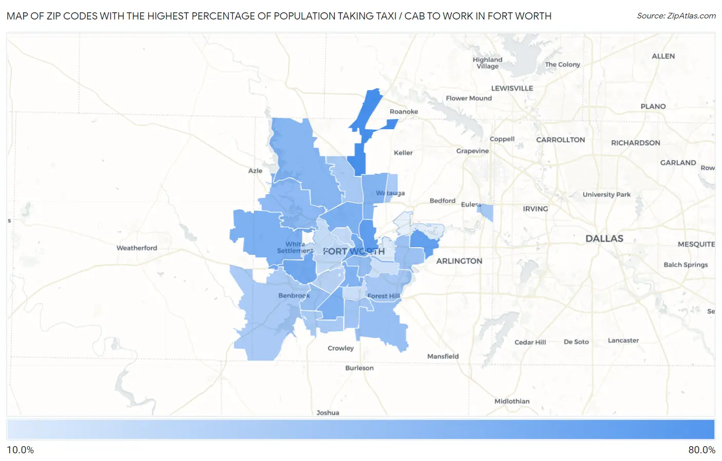 Zip Codes with the Highest Percentage of Population Taking Taxi / Cab to Work in Fort Worth Map