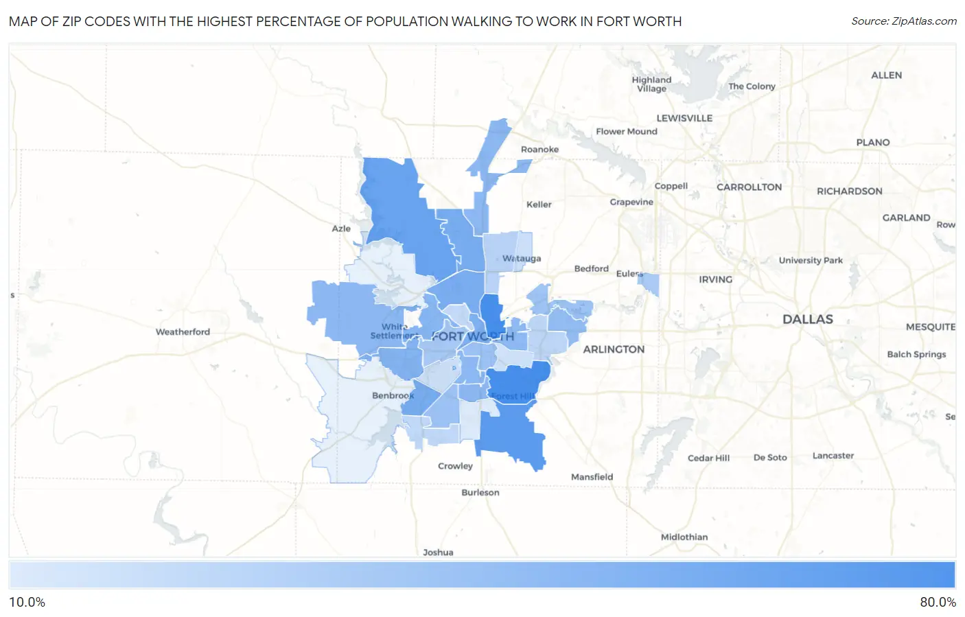 Zip Codes with the Highest Percentage of Population Walking to Work in Fort Worth Map