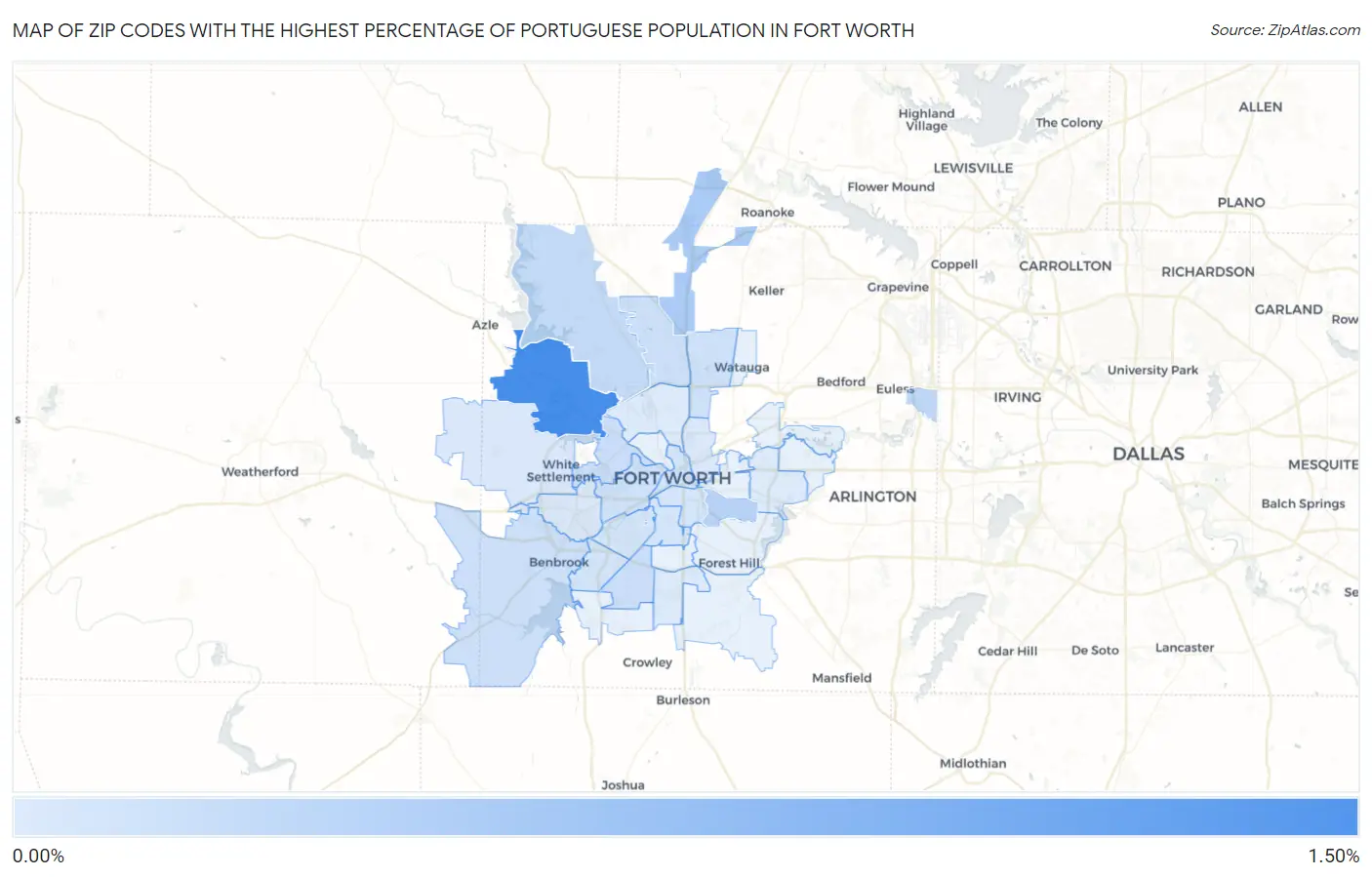 Zip Codes with the Highest Percentage of Portuguese Population in Fort Worth Map