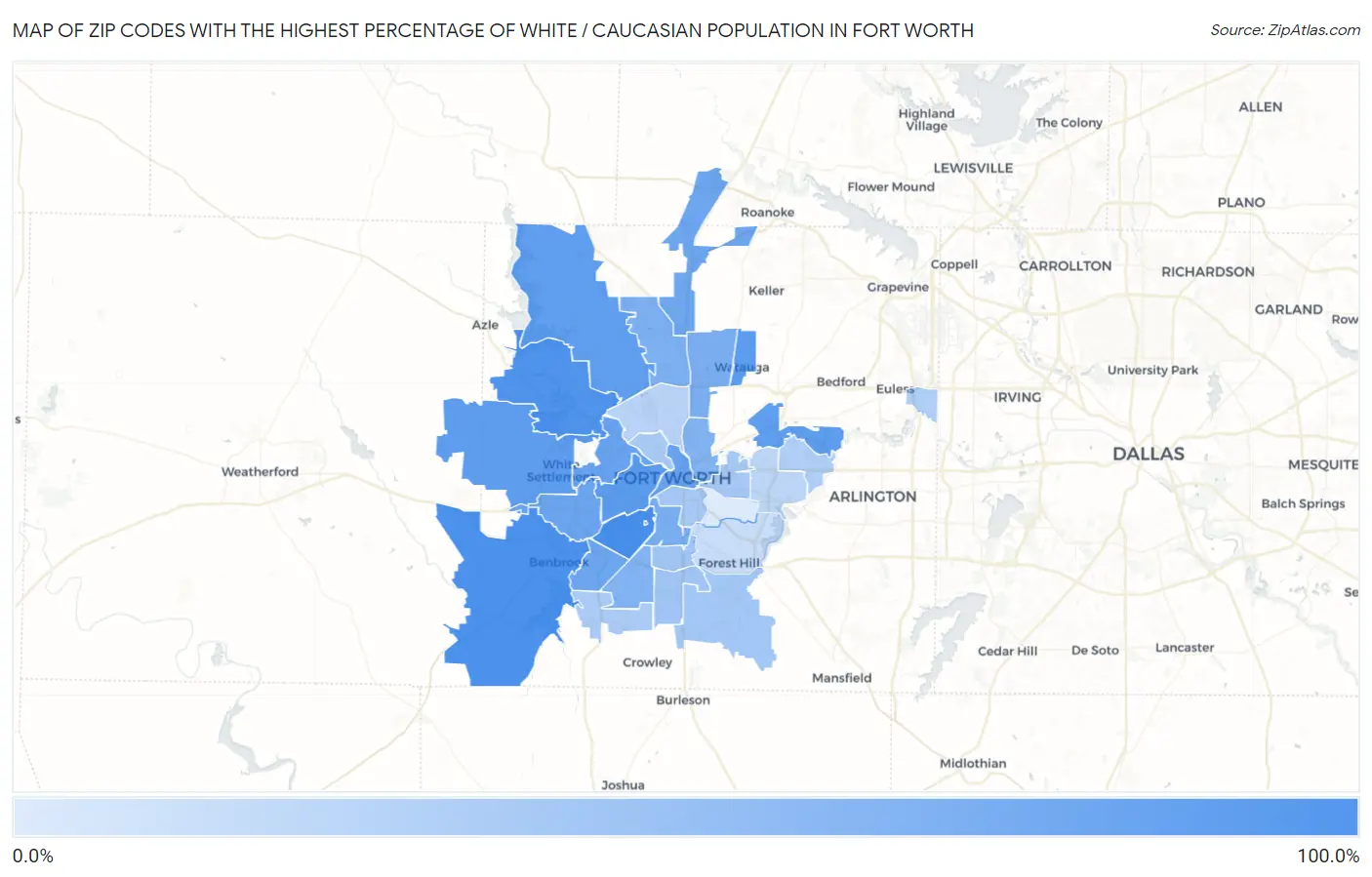 Zip Codes with the Highest Percentage of White / Caucasian Population in Fort Worth Map