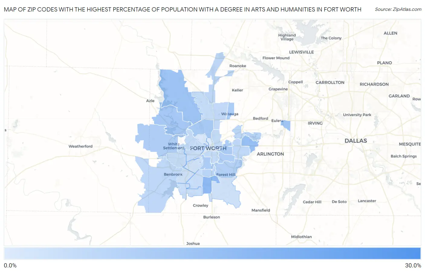 Zip Codes with the Highest Percentage of Population with a Degree in Arts and Humanities in Fort Worth Map