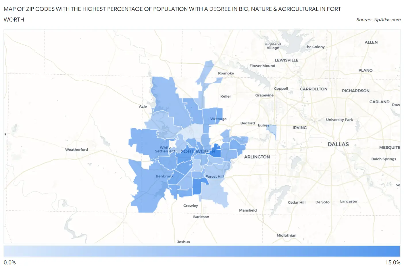 Zip Codes with the Highest Percentage of Population with a Degree in Bio, Nature & Agricultural in Fort Worth Map