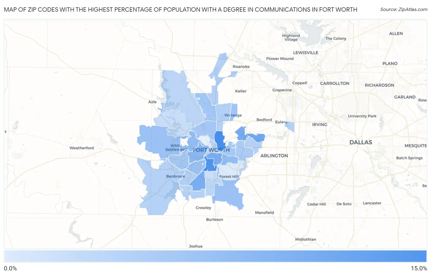 Zip Codes with the Highest Percentage of Population with a Degree in Communications in Fort Worth Map