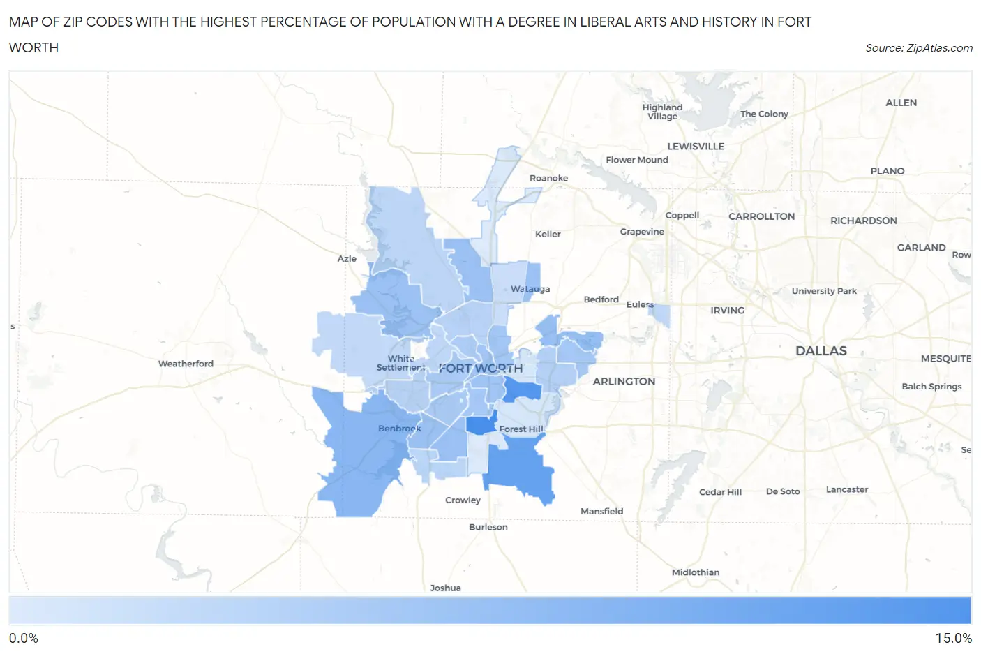 Zip Codes with the Highest Percentage of Population with a Degree in Liberal Arts and History in Fort Worth Map