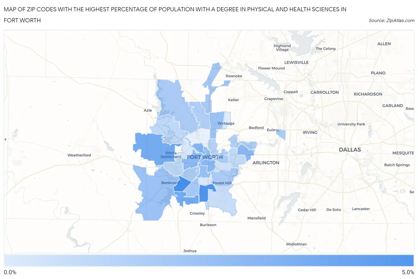 Zip Codes with the Highest Percentage of Population with a Degree in Physical and Health Sciences in Fort Worth Map
