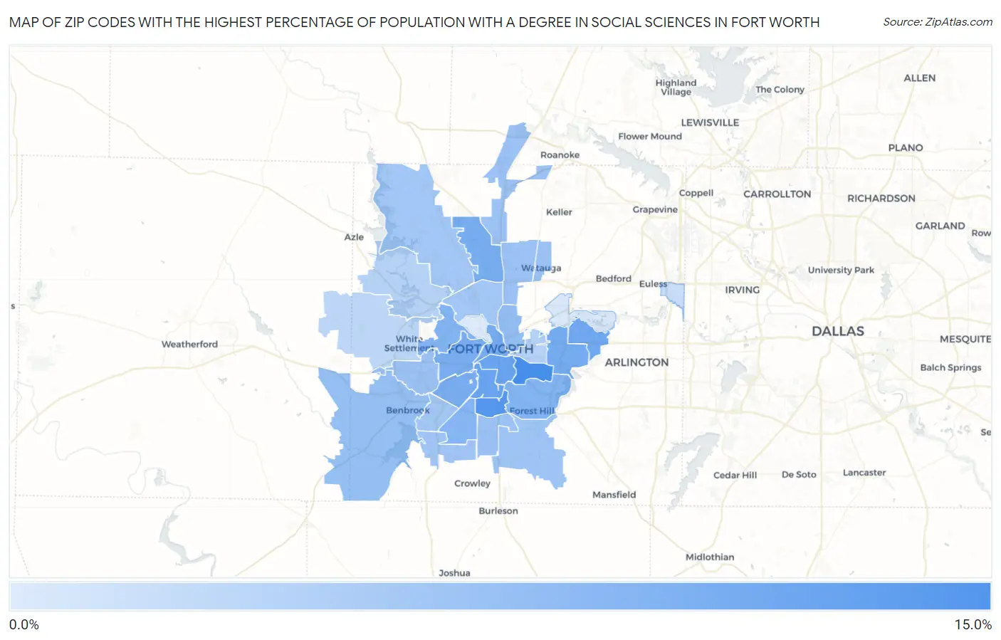 Zip Codes with the Highest Percentage of Population with a Degree in Social Sciences in Fort Worth Map