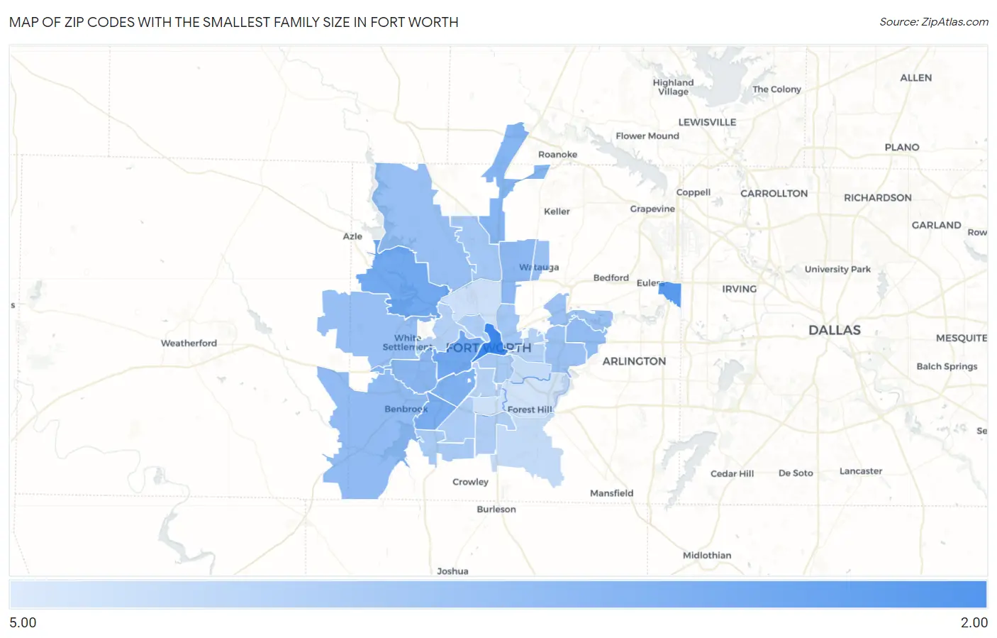 Zip Codes with the Smallest Family Size in Fort Worth Map