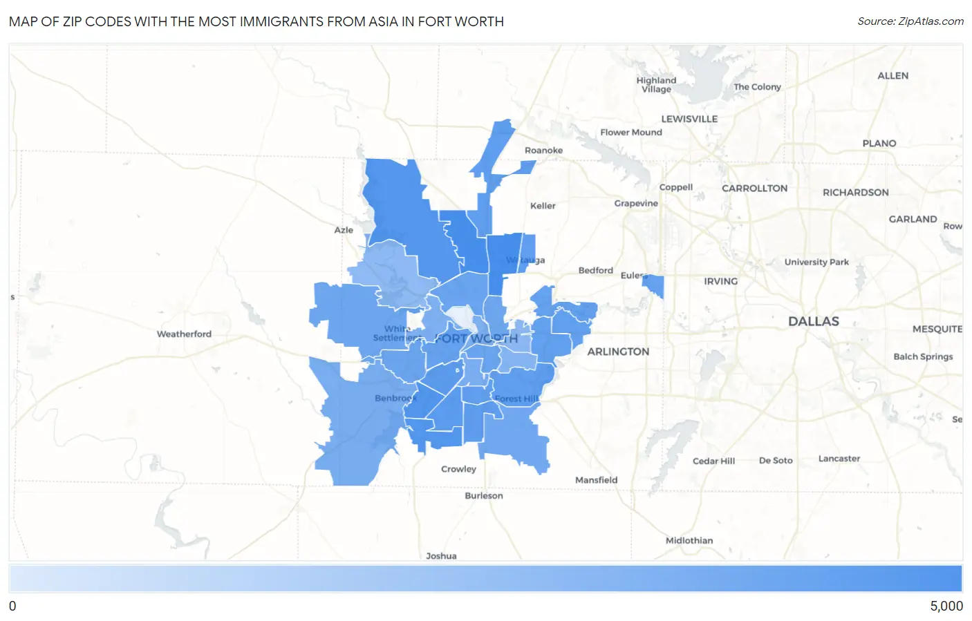 Zip Codes with the Most Immigrants from Asia in Fort Worth Map