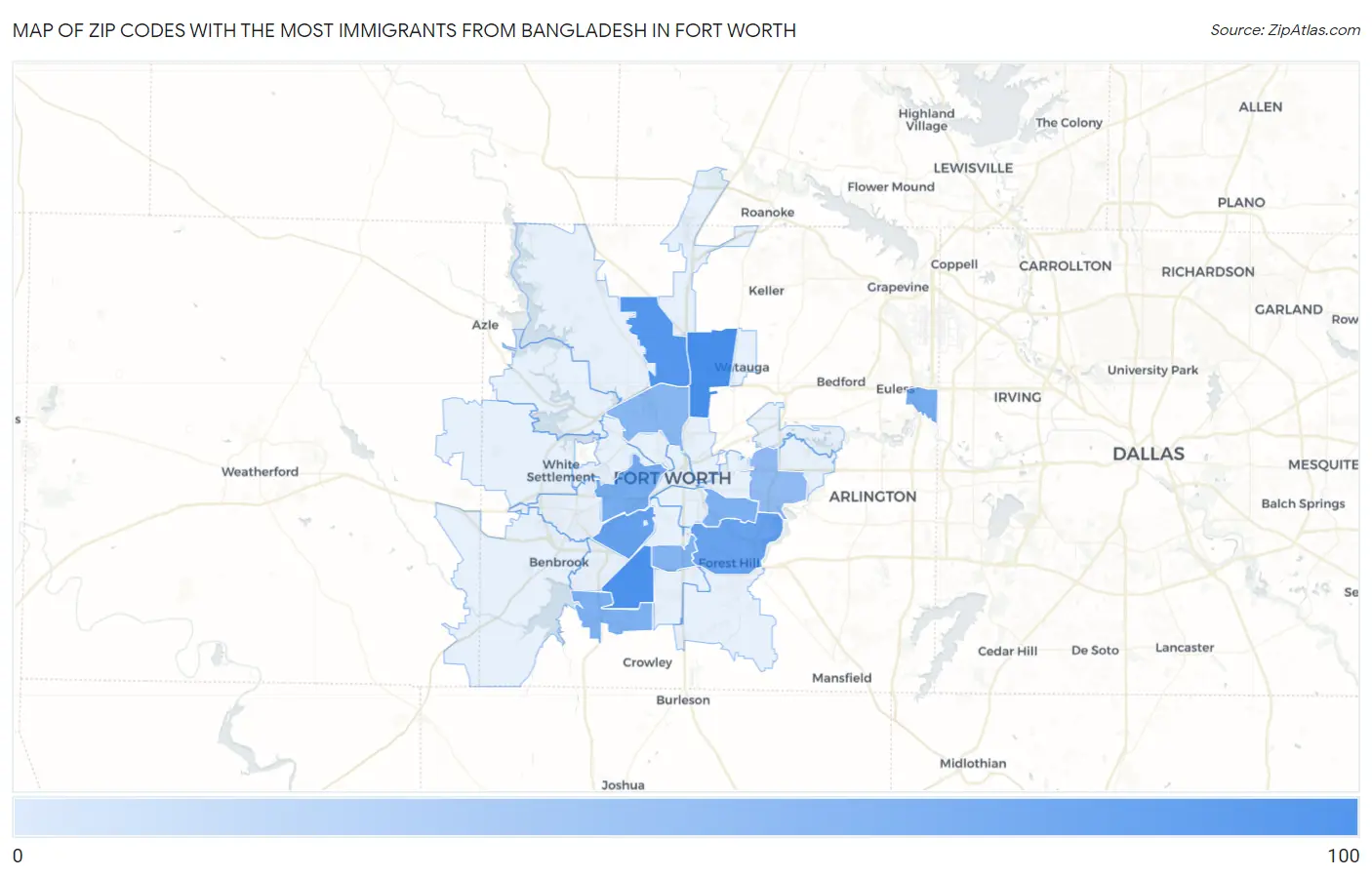 Zip Codes with the Most Immigrants from Bangladesh in Fort Worth Map