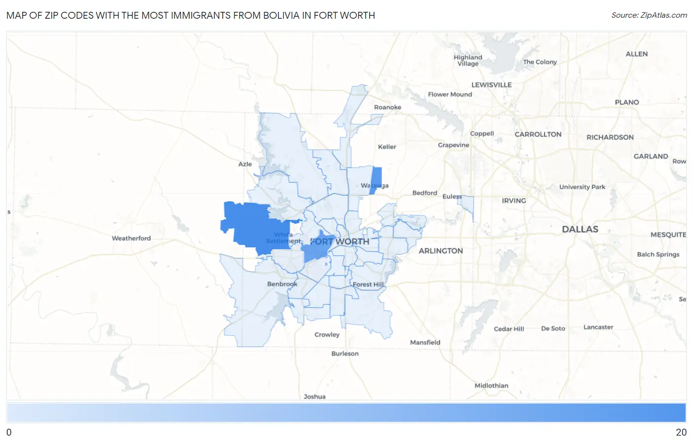 Zip Codes with the Most Immigrants from Bolivia in Fort Worth Map
