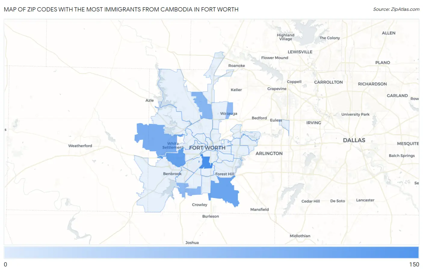 Zip Codes with the Most Immigrants from Cambodia in Fort Worth Map