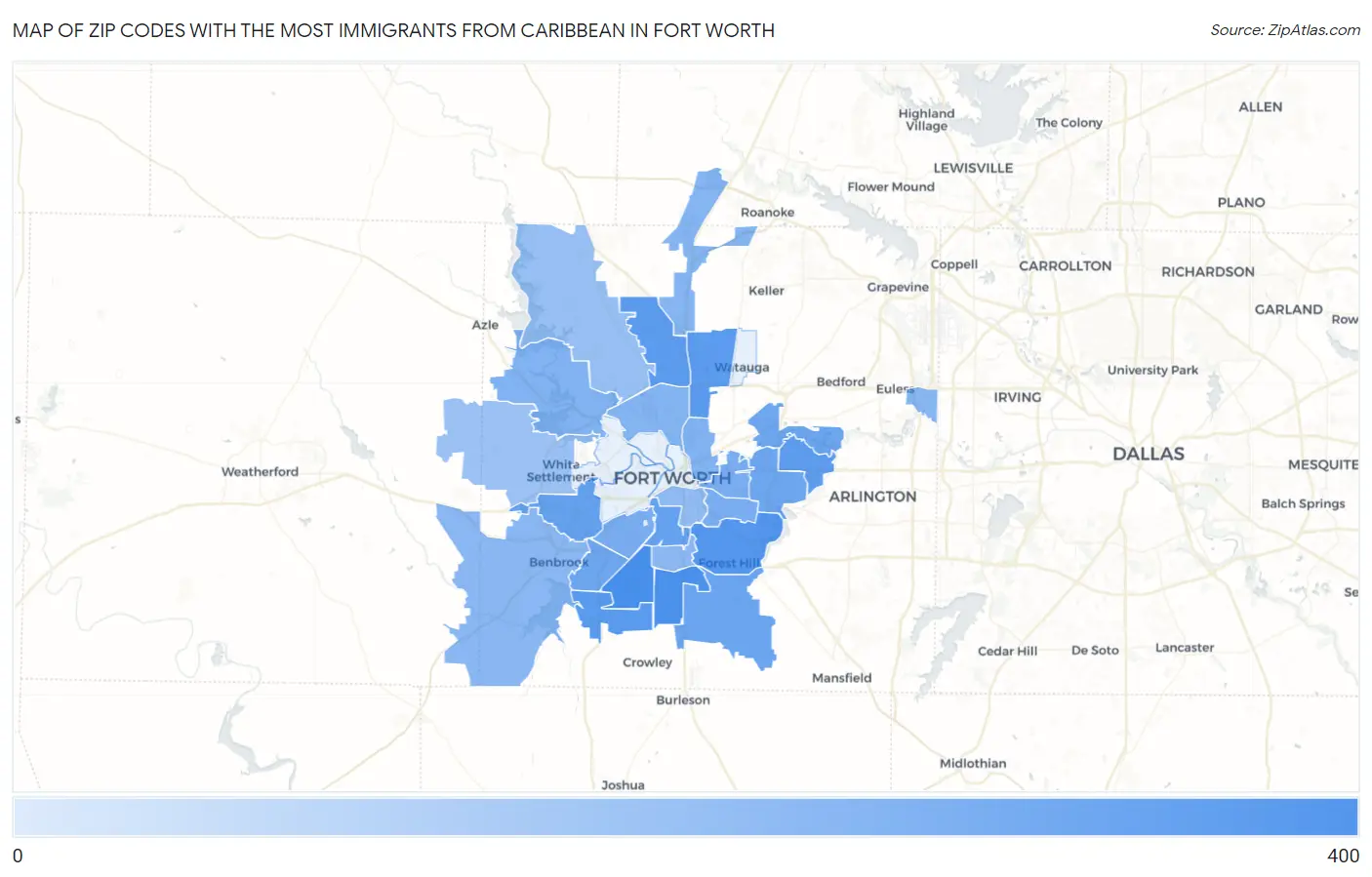 Zip Codes with the Most Immigrants from Caribbean in Fort Worth Map