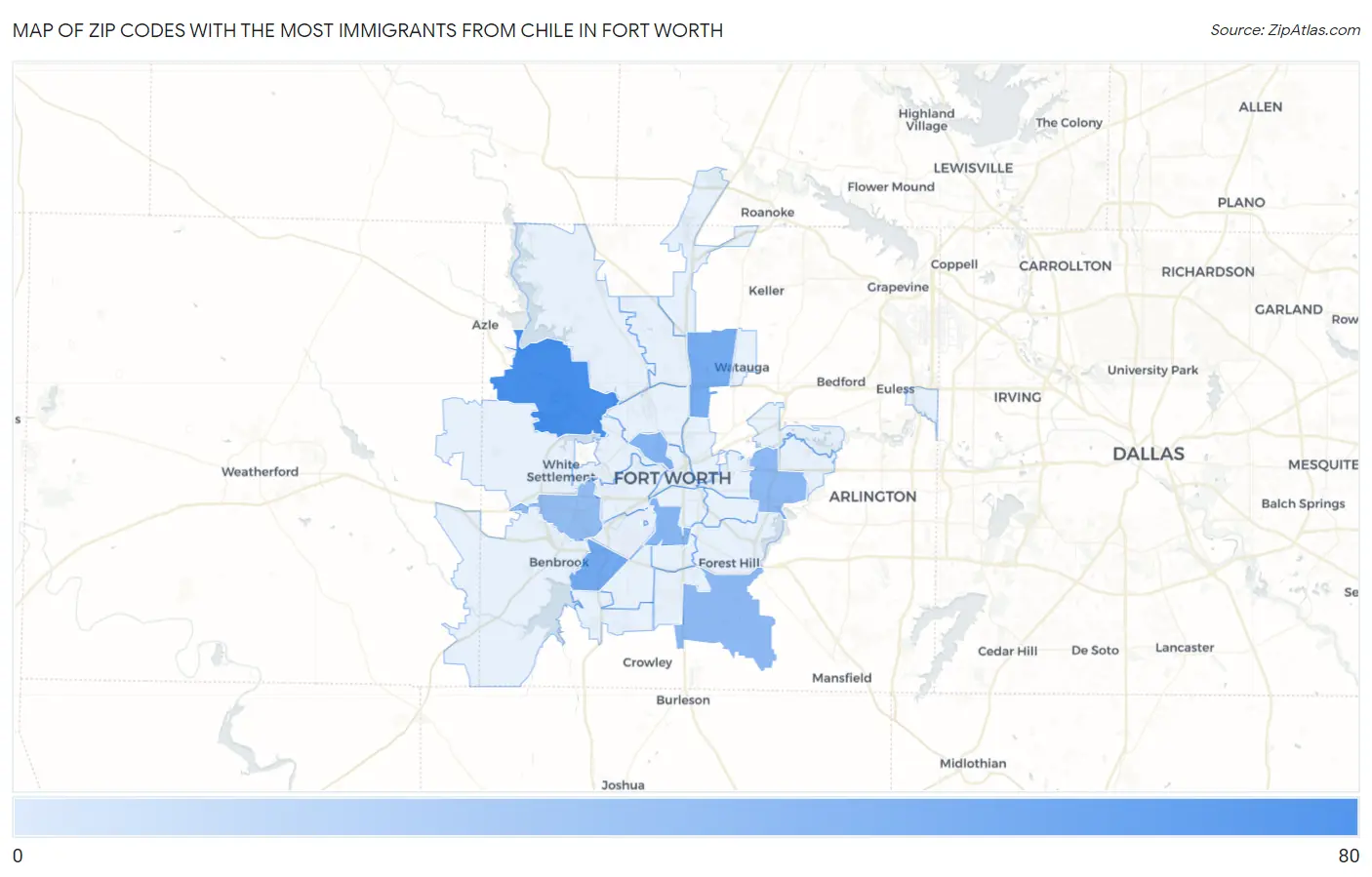 Zip Codes with the Most Immigrants from Chile in Fort Worth Map