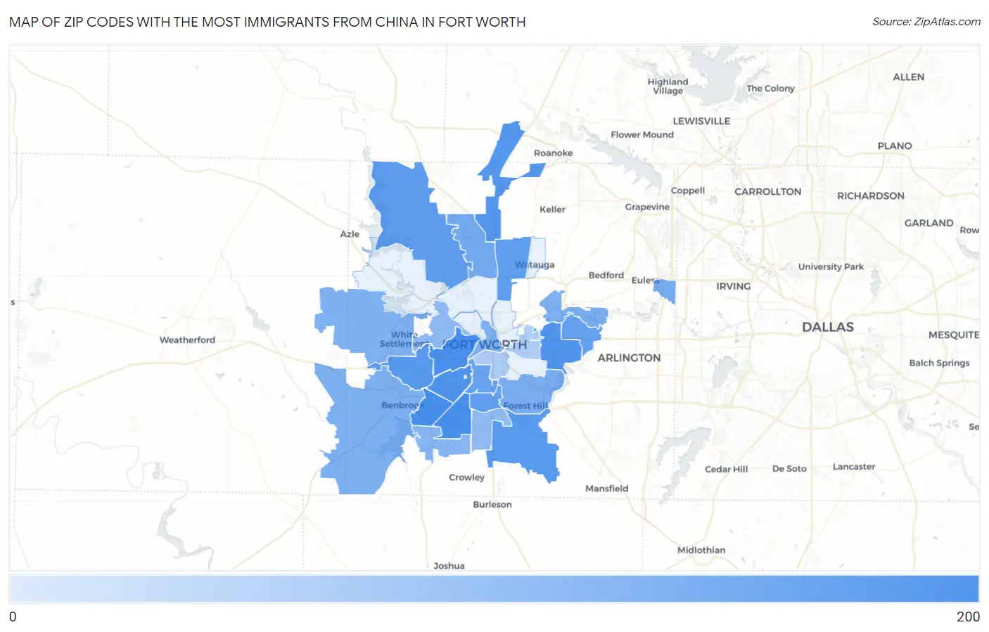 Zip Codes with the Most Immigrants from China in Fort Worth Map