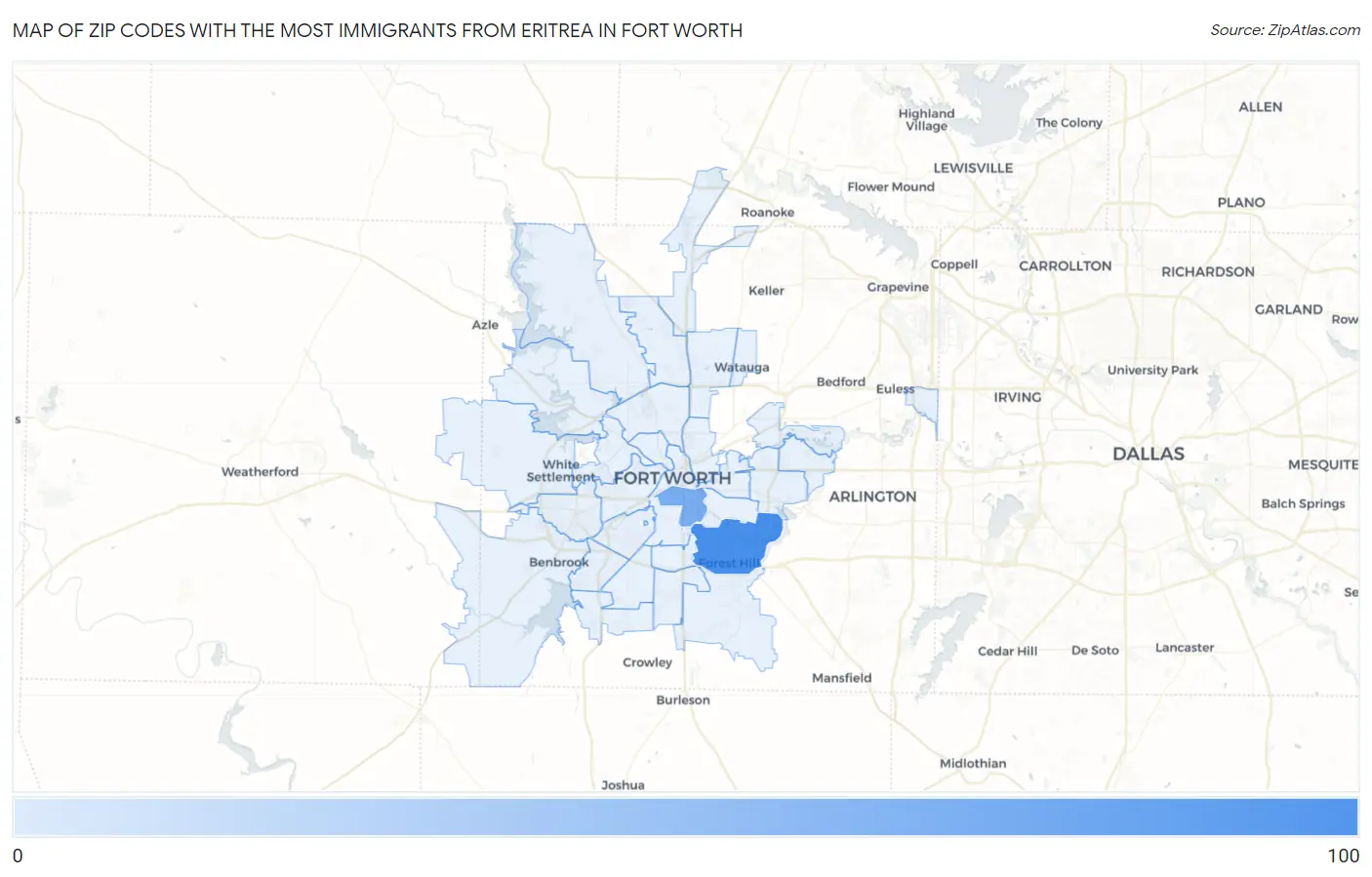 Zip Codes with the Most Immigrants from Eritrea in Fort Worth Map