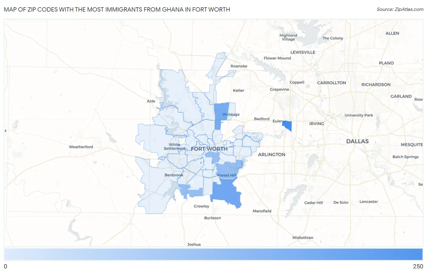 Zip Codes with the Most Immigrants from Ghana in Fort Worth Map