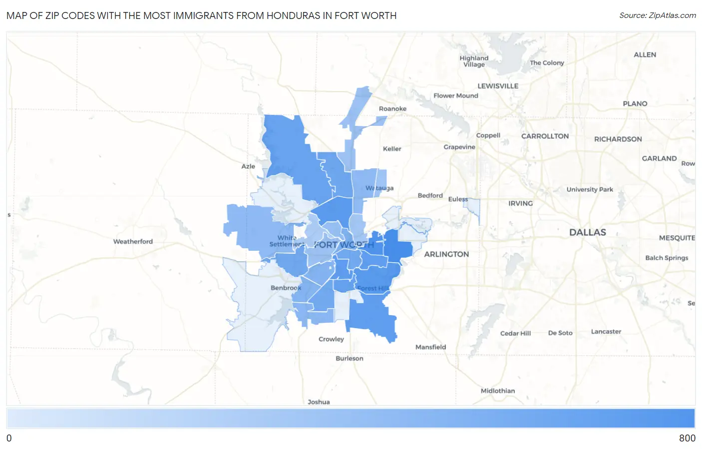 Zip Codes with the Most Immigrants from Honduras in Fort Worth Map