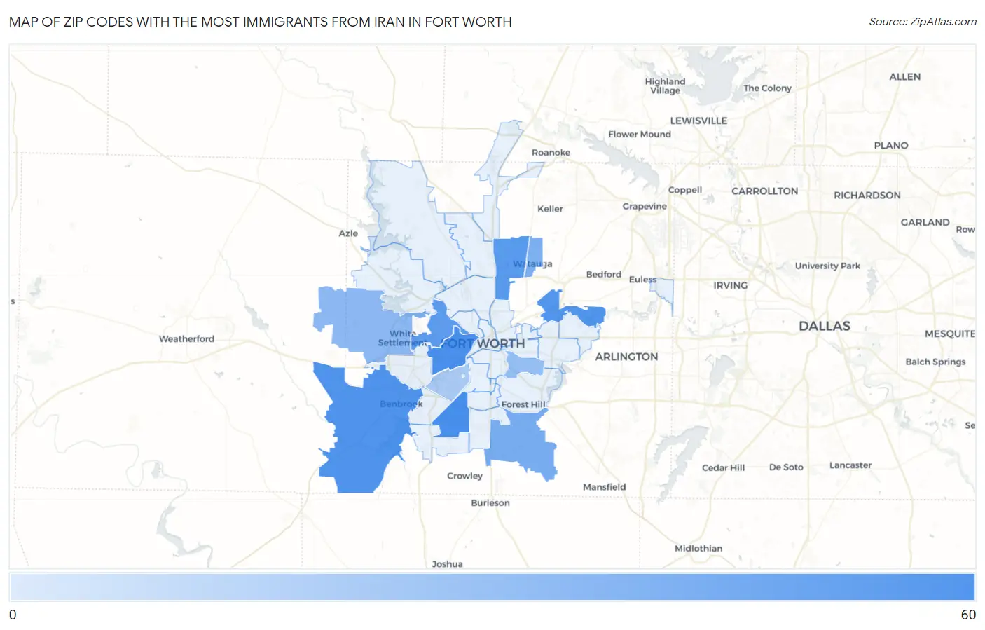 Zip Codes with the Most Immigrants from Iran in Fort Worth Map