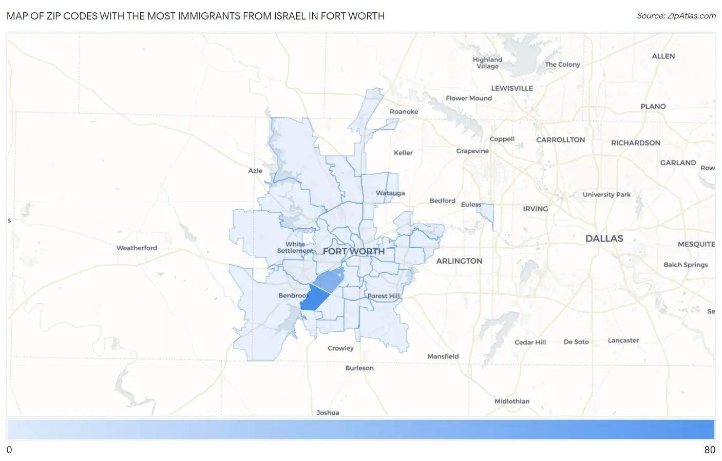 Zip Codes with the Most Immigrants from Israel in Fort Worth Map