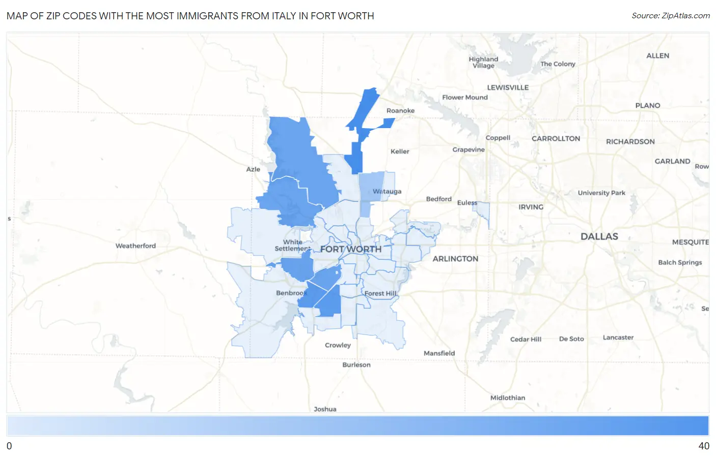 Zip Codes with the Most Immigrants from Italy in Fort Worth Map