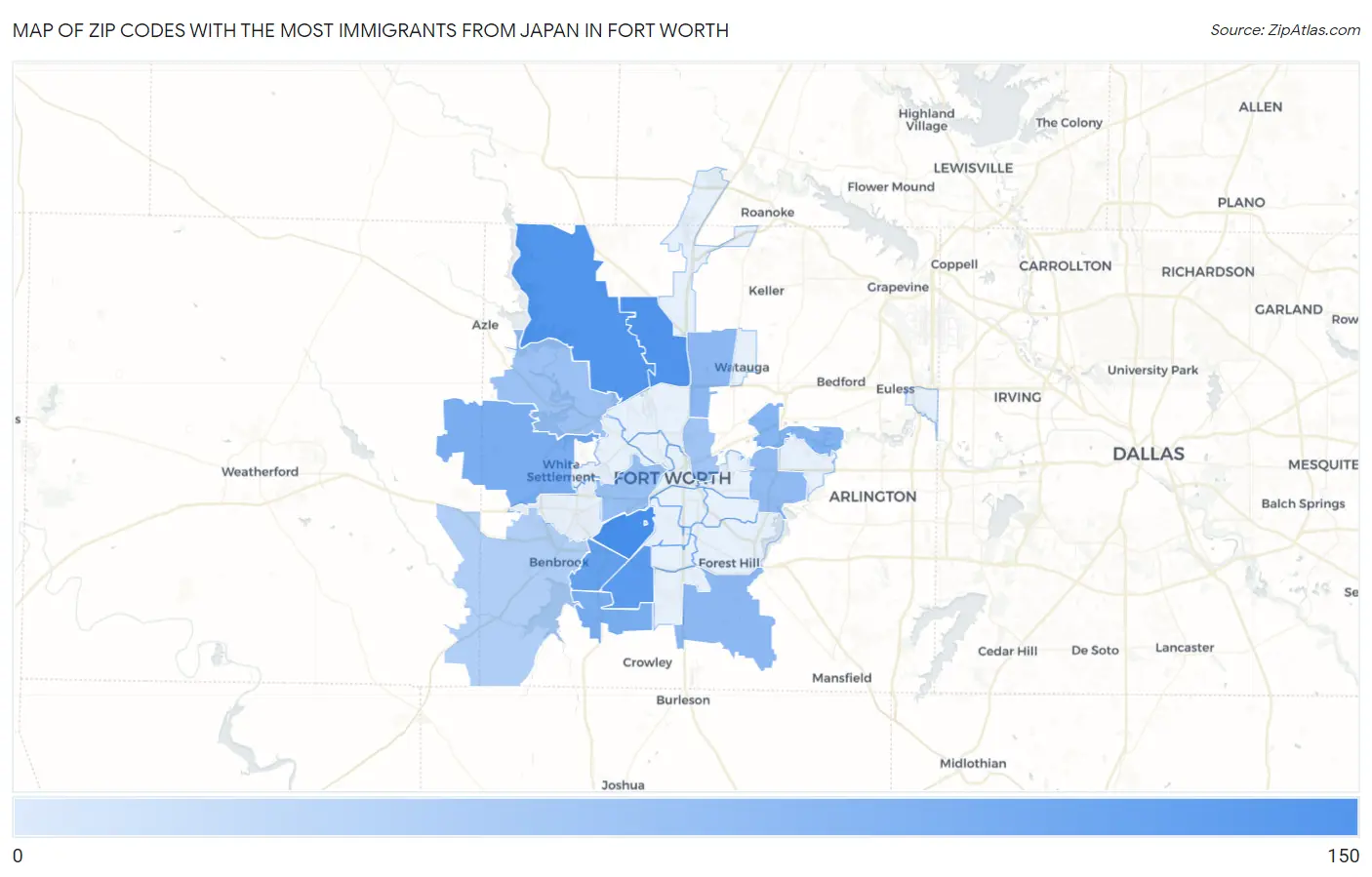 Zip Codes with the Most Immigrants from Japan in Fort Worth Map