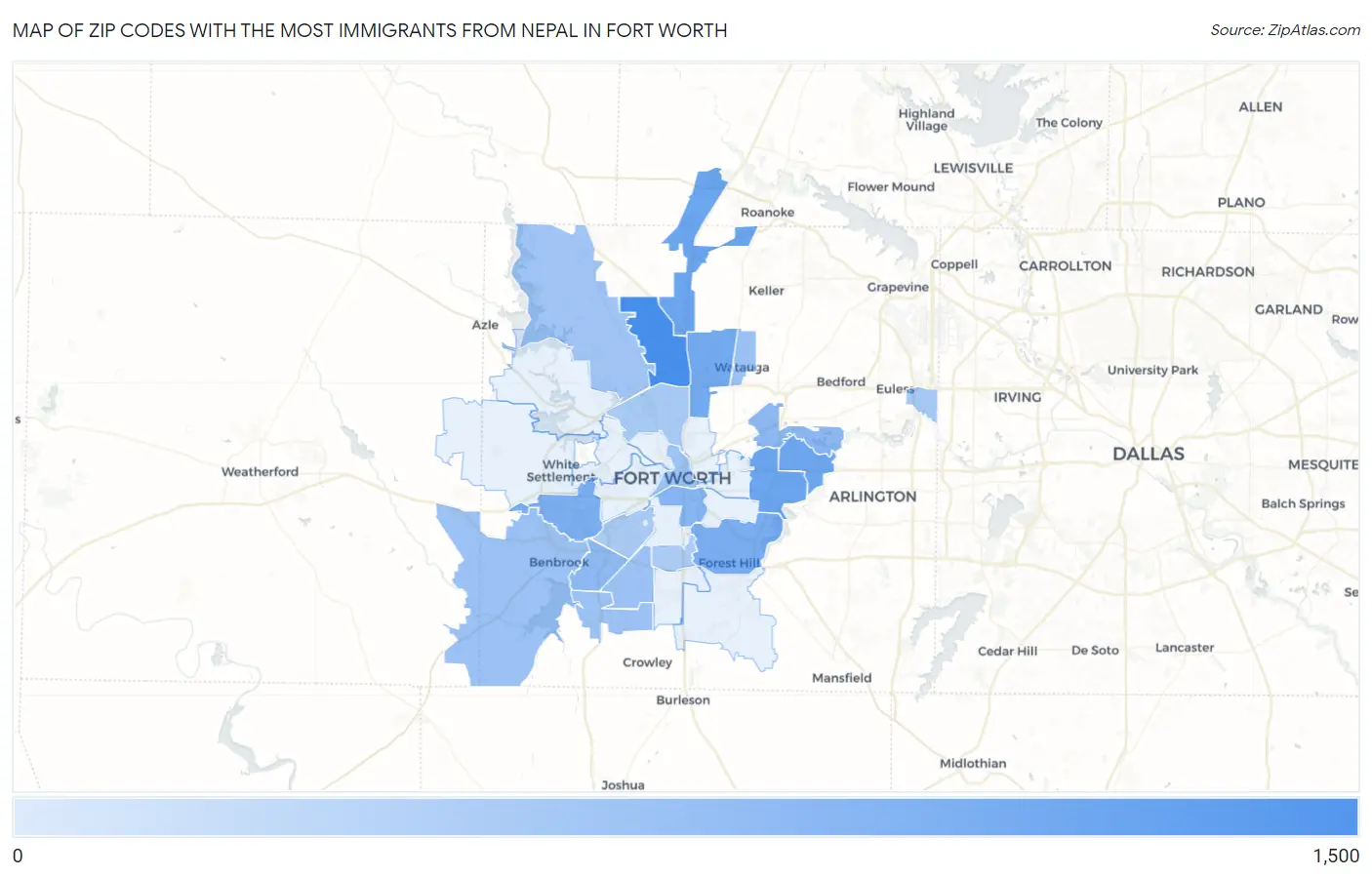 Zip Codes with the Most Immigrants from Nepal in Fort Worth Map