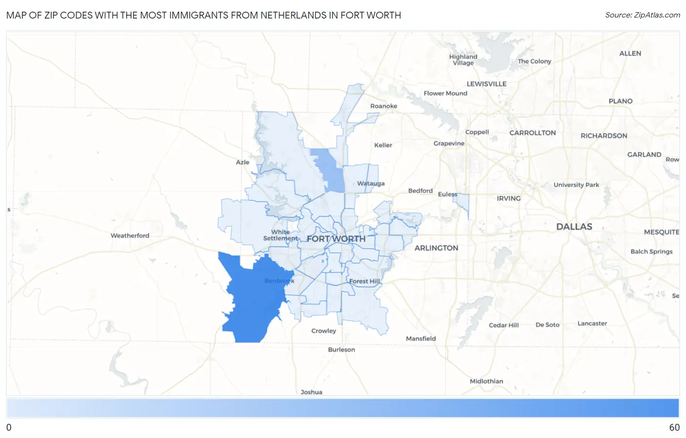Zip Codes with the Most Immigrants from Netherlands in Fort Worth Map