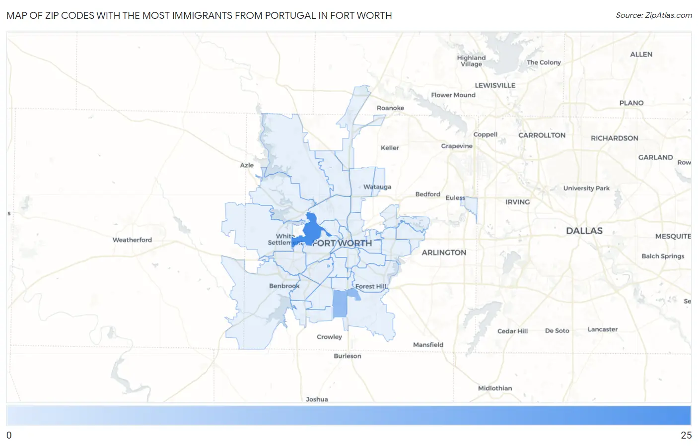 Zip Codes with the Most Immigrants from Portugal in Fort Worth Map