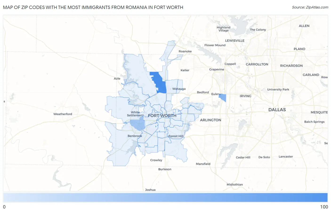 Zip Codes with the Most Immigrants from Romania in Fort Worth Map
