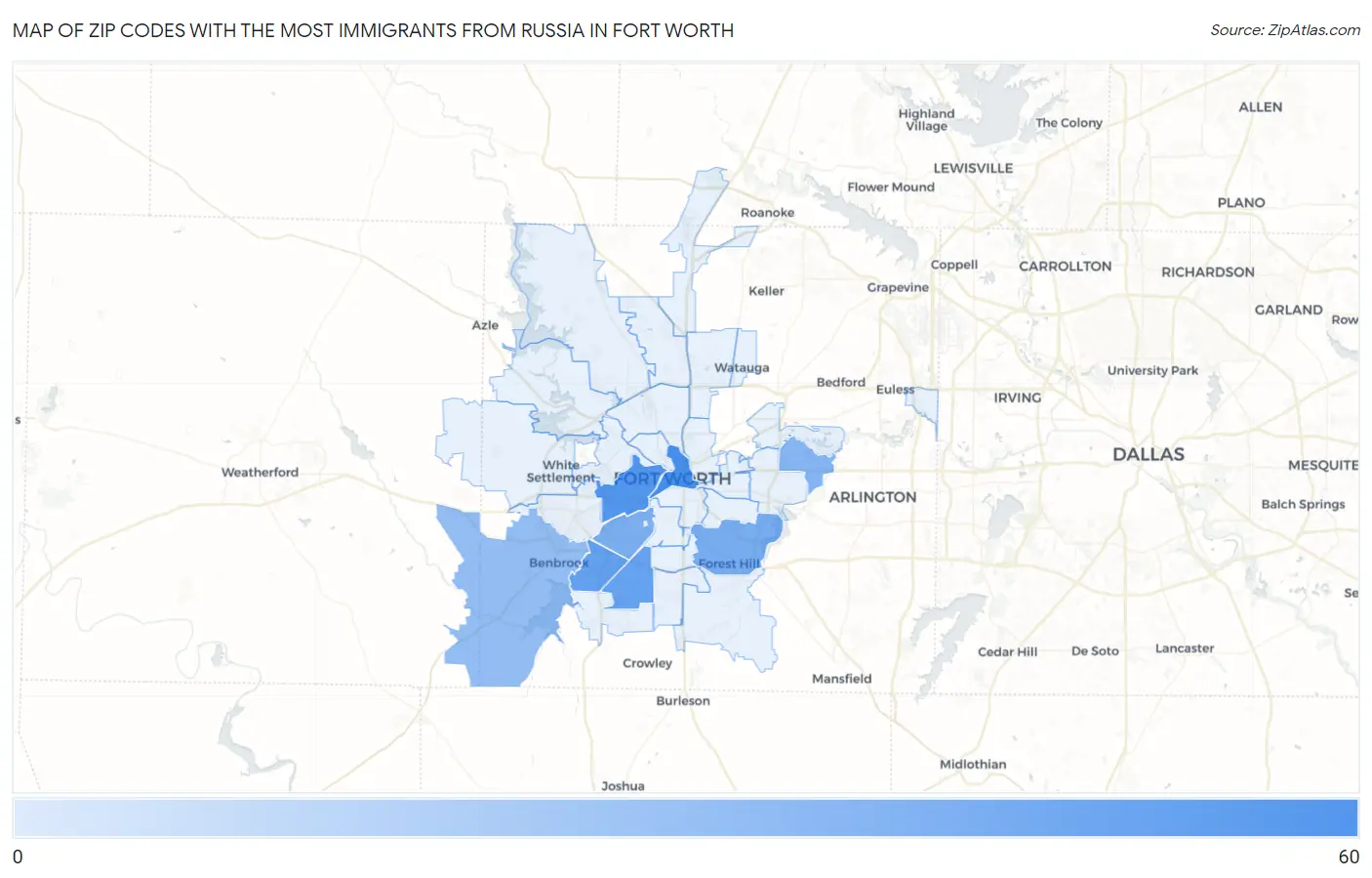 Zip Codes with the Most Immigrants from Russia in Fort Worth Map
