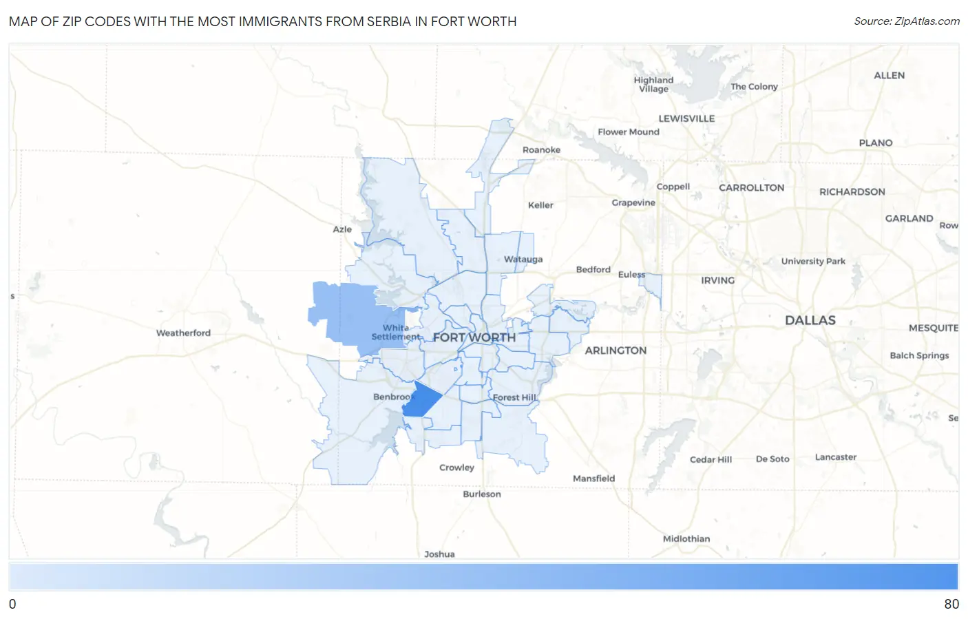 Zip Codes with the Most Immigrants from Serbia in Fort Worth Map