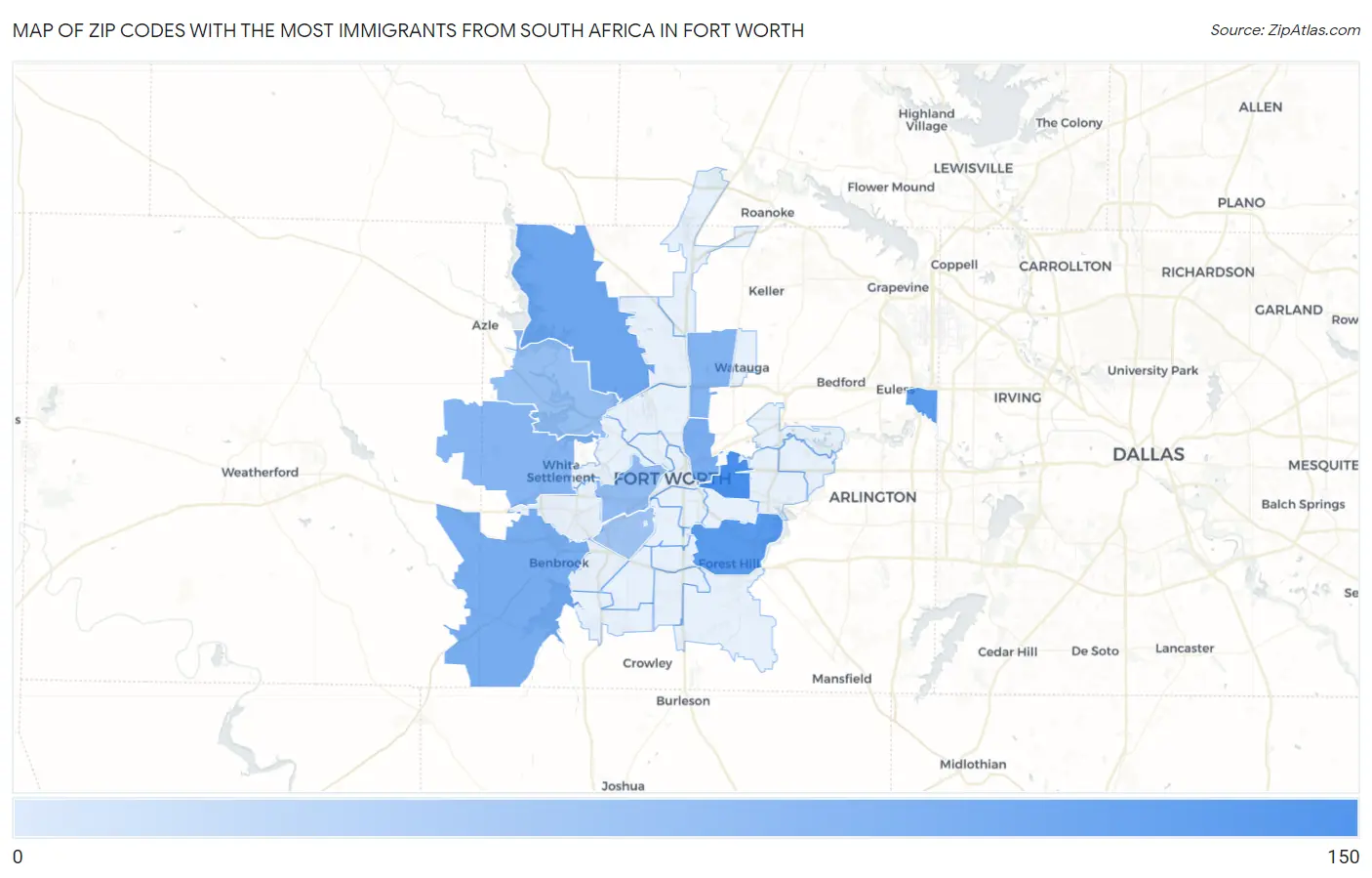 Zip Codes with the Most Immigrants from South Africa in Fort Worth Map