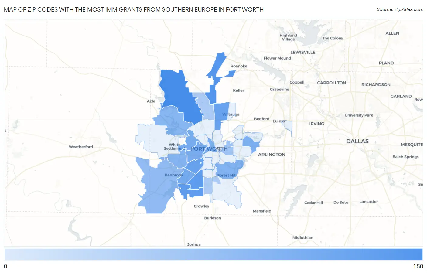 Zip Codes with the Most Immigrants from Southern Europe in Fort Worth Map