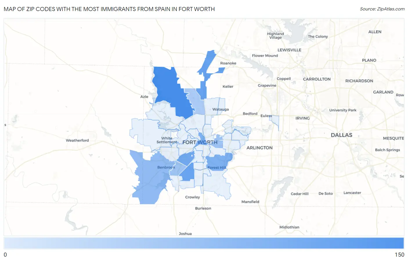 Zip Codes with the Most Immigrants from Spain in Fort Worth Map